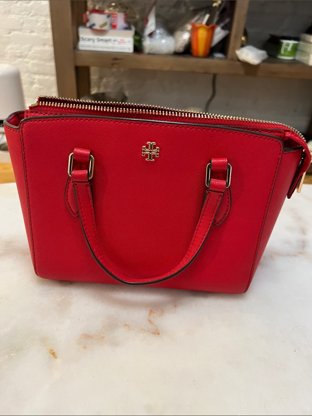 Tory Burch Red Saffiano Satchel with Gold Logo